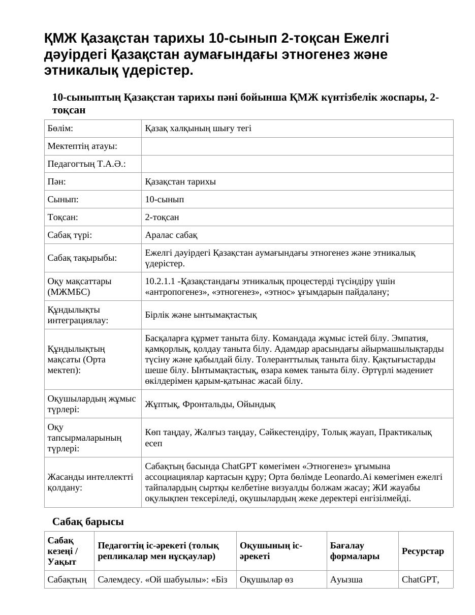 ҚМЖ Қазақстан тарихы 10-сынып 2-тоқсан Ежелгі дәуірдегі Қазақстан аумағындағы этногенез және этникалық үдерістер.