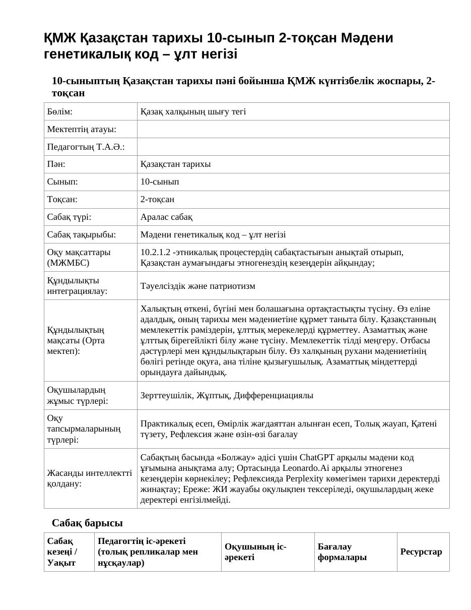 ҚМЖ Қазақстан тарихы 10-сынып 2-тоқсан Мәдени генетикалық код – ұлт негізі