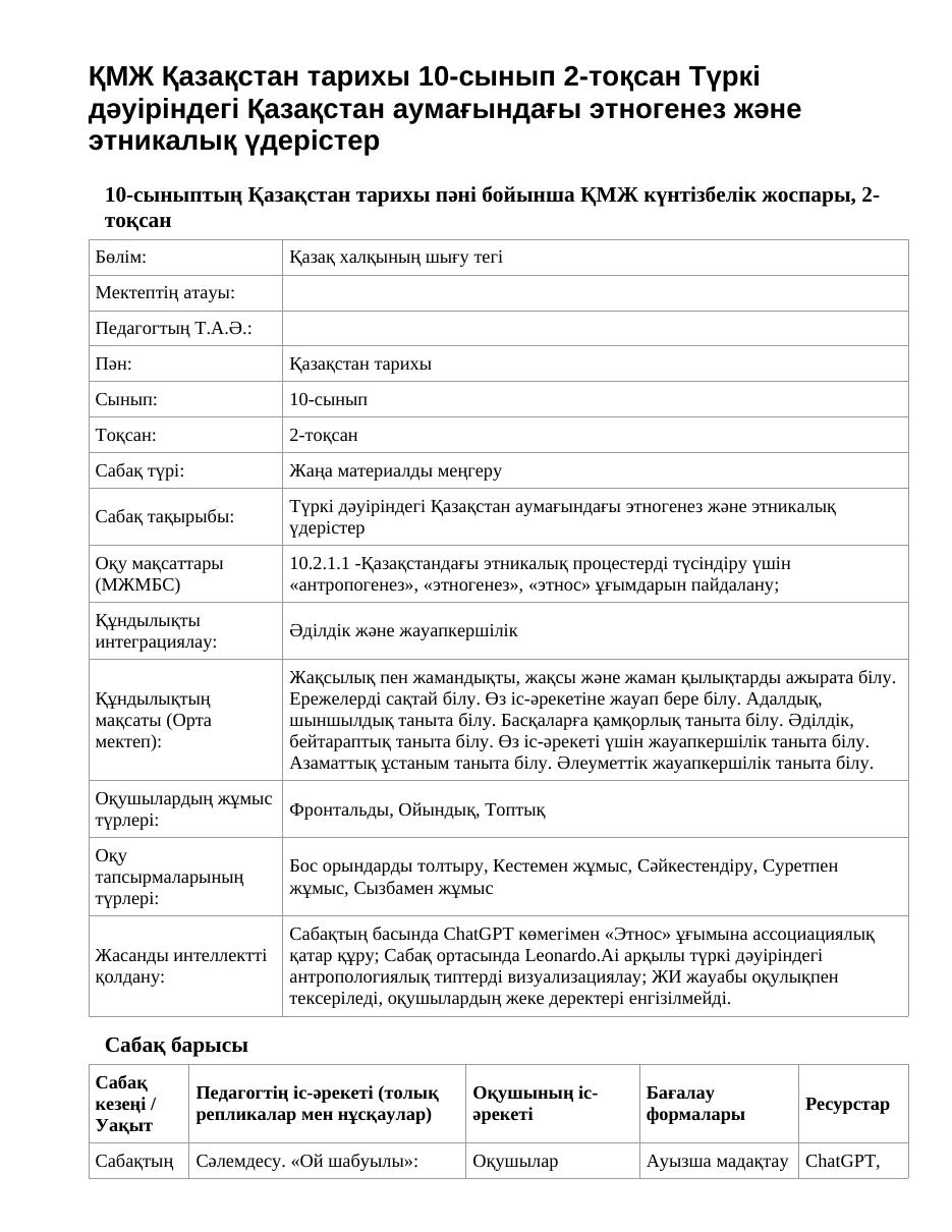 ҚМЖ Қазақстан тарихы 10-сынып 2-тоқсан Түркі дәуіріндегі Қазақстан аумағындағы этногенез және этникалық үдерістер