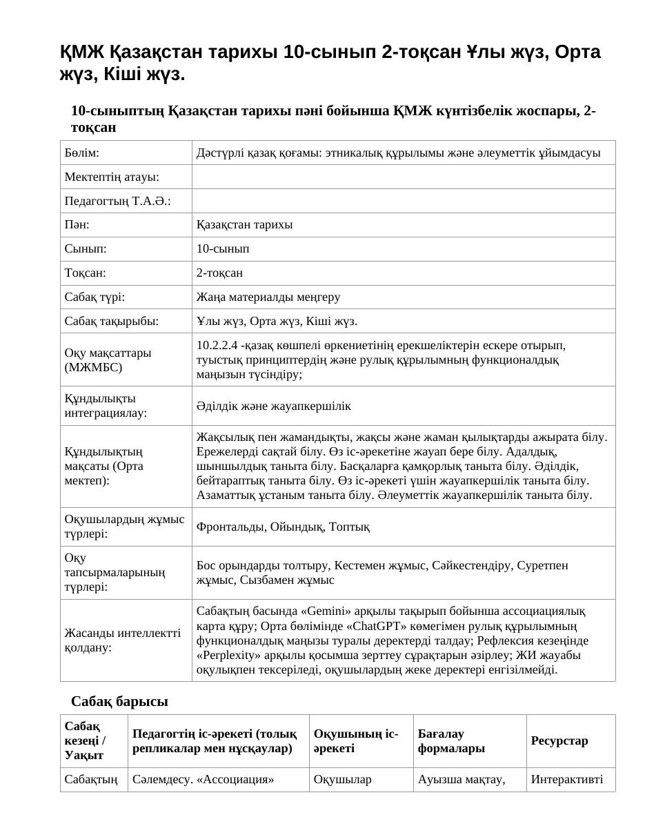 ҚМЖ Қазақстан тарихы 10-сынып 2-тоқсан Ұлы жүз, Орта жүз, Кіші жүз.