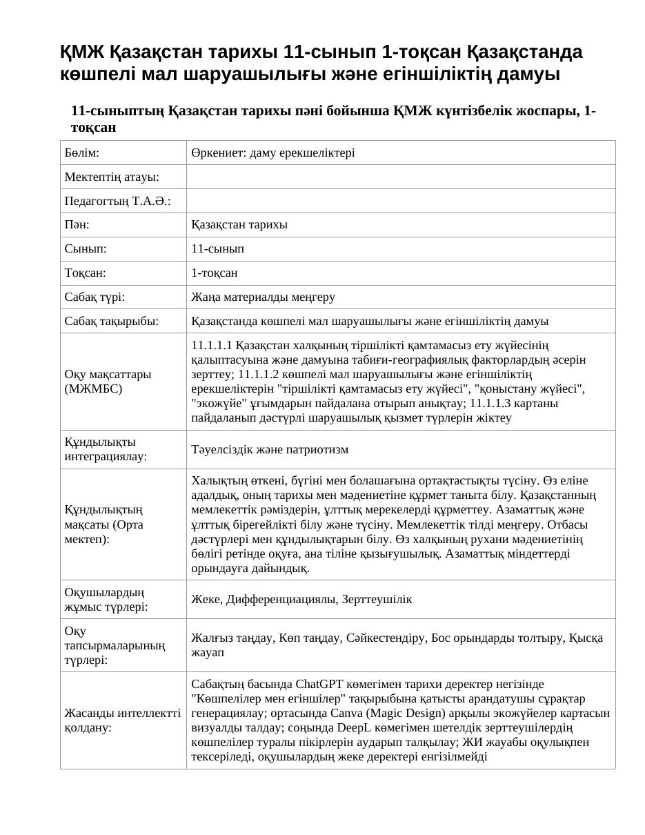 ҚМЖ Қазақстан тарихы 11-сынып 1-тоқсан Қазақстанда көшпелі мал шаруашылығы және егіншіліктің дамуы