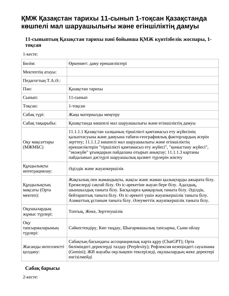 ҚМЖ Қазақстан тарихы 11-сынып 1-тоқсан Қазақстанда көшпелі мал шаруашылығы және егіншіліктің дамуы