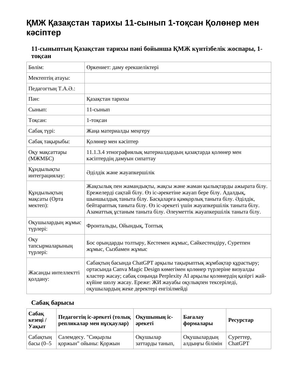 ҚМЖ Қазақстан тарихы 11-сынып 1-тоқсан Қолөнер мен кәсіптер
