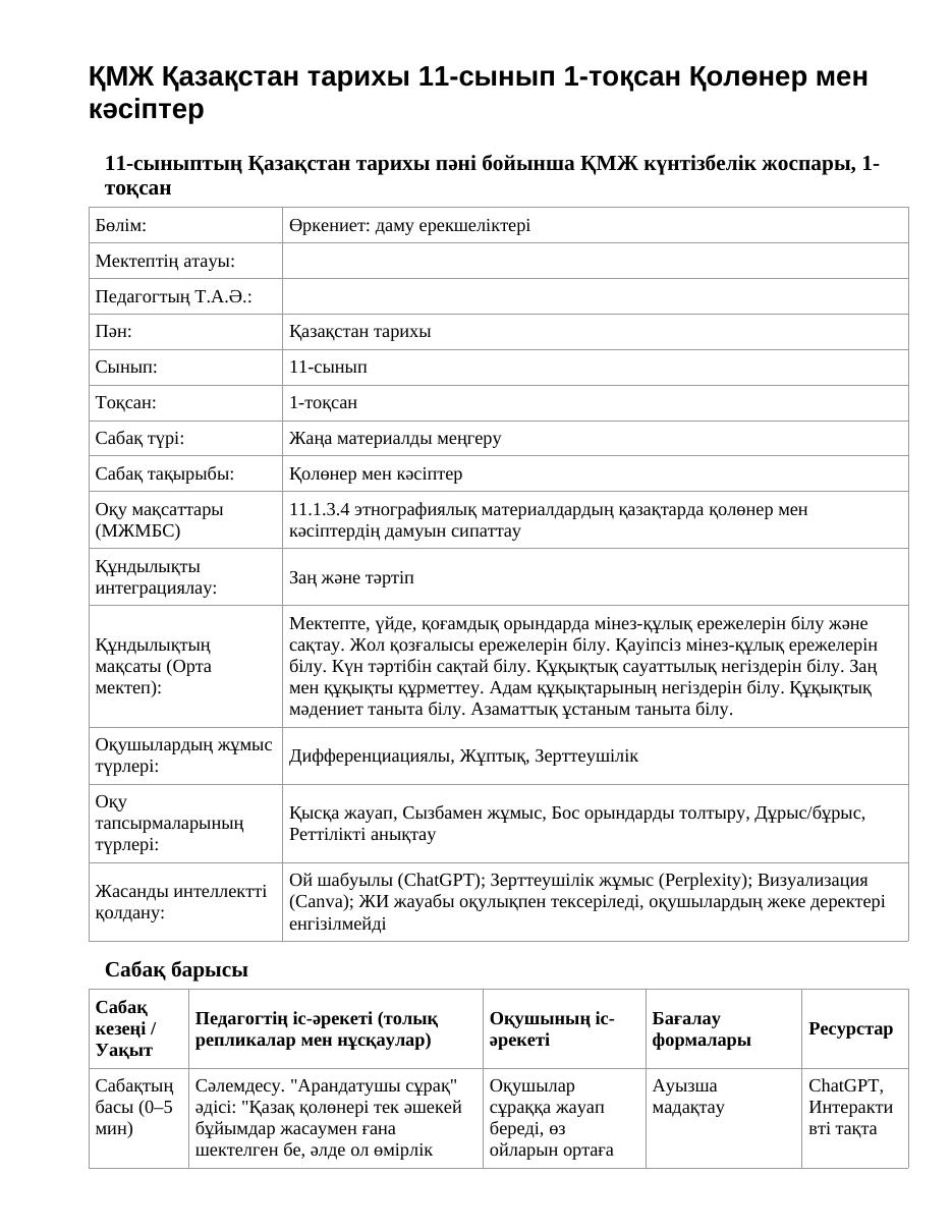 ҚМЖ Қазақстан тарихы 11-сынып 1-тоқсан Қолөнер мен кәсіптер