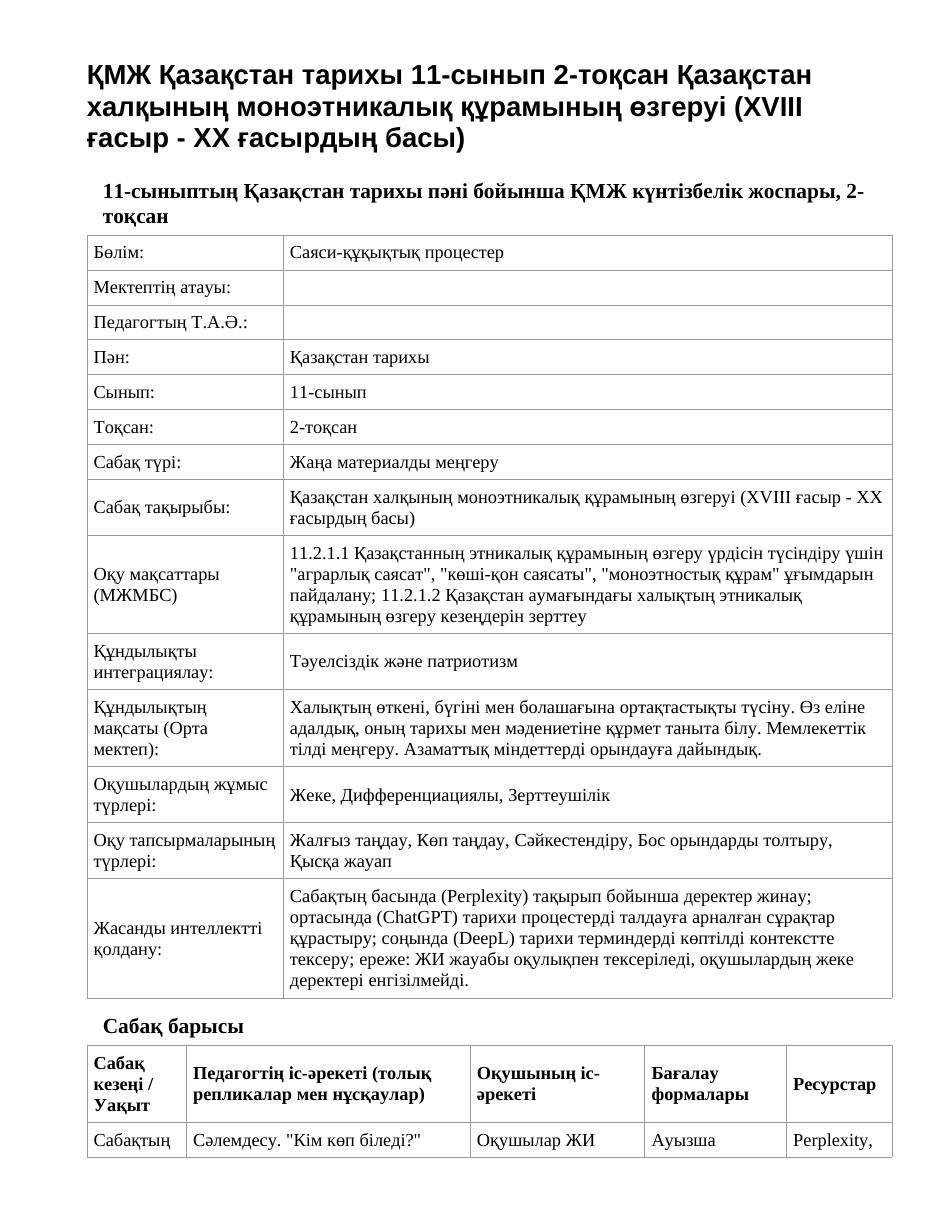 ҚМЖ Қазақстан тарихы 11-сынып 2-тоқсан Қазақстан халқының моноэтникалық құрамының өзгеруі (XVIII ғасыр - XX ғасырдың басы)