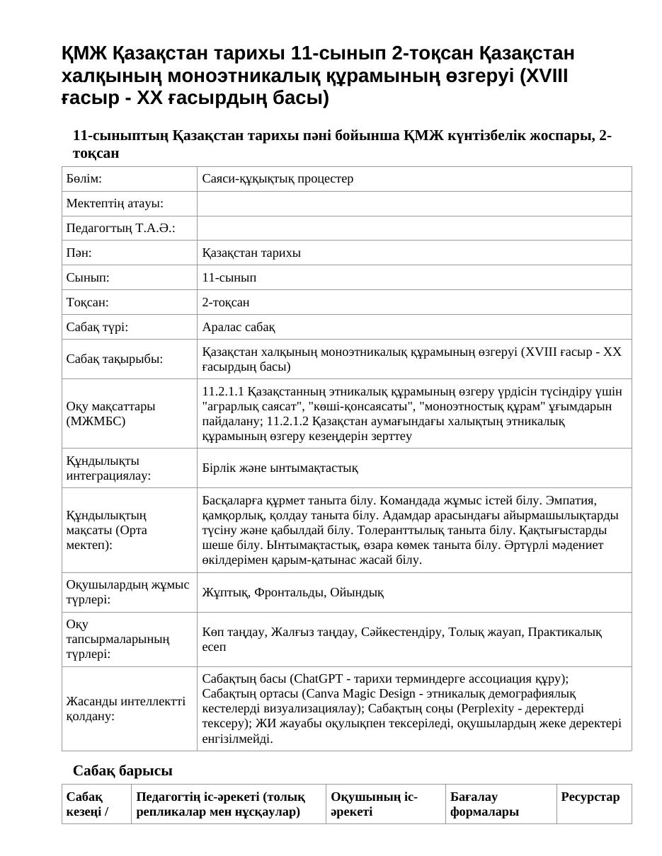 ҚМЖ Қазақстан тарихы 11-сынып 2-тоқсан Қазақстан халқының моноэтникалық құрамының өзгеруі (XVIII ғасыр - XX ғасырдың басы)