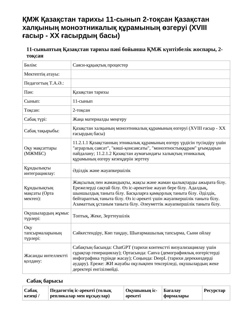 ҚМЖ Қазақстан тарихы 11-сынып 2-тоқсан Қазақстан халқының моноэтникалық құрамының өзгеруі (XVIII ғасыр - XX ғасырдың басы)