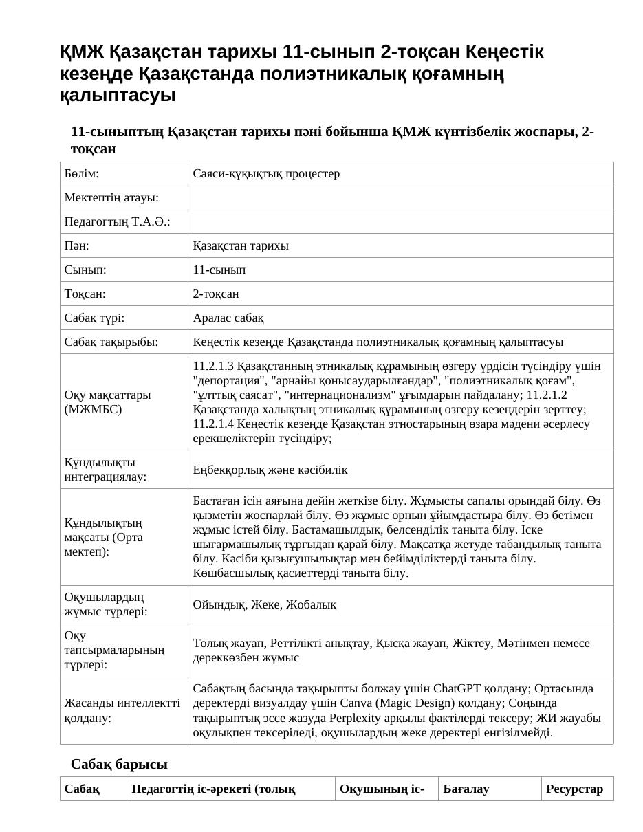 ҚМЖ Қазақстан тарихы 11-сынып 2-тоқсан Кеңестік кезеңде Қазақстанда полиэтникалық қоғамның қалыптасуы