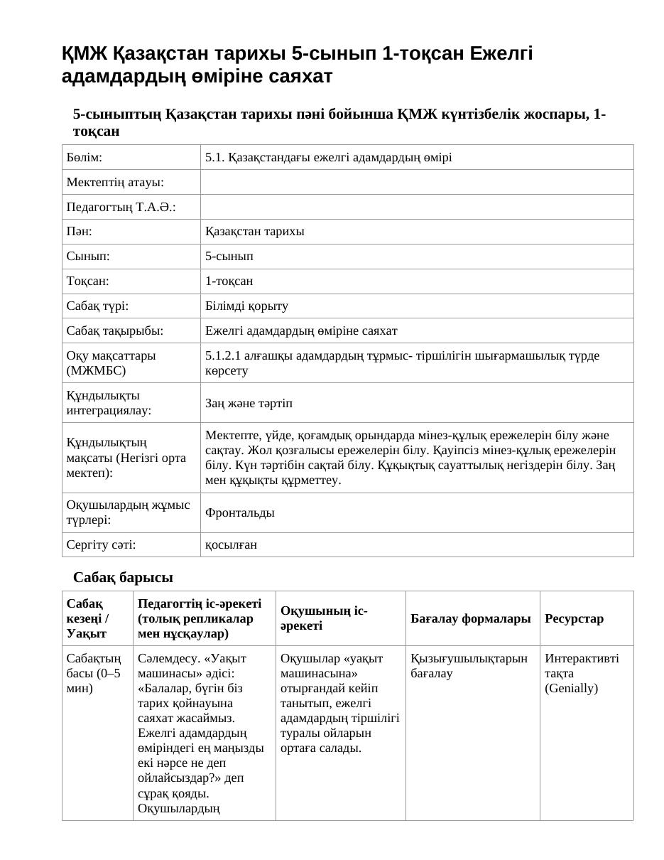 ҚМЖ Қазақстан тарихы 5-сынып 1-тоқсан Ежелгі адамдардың өміріне саяхат