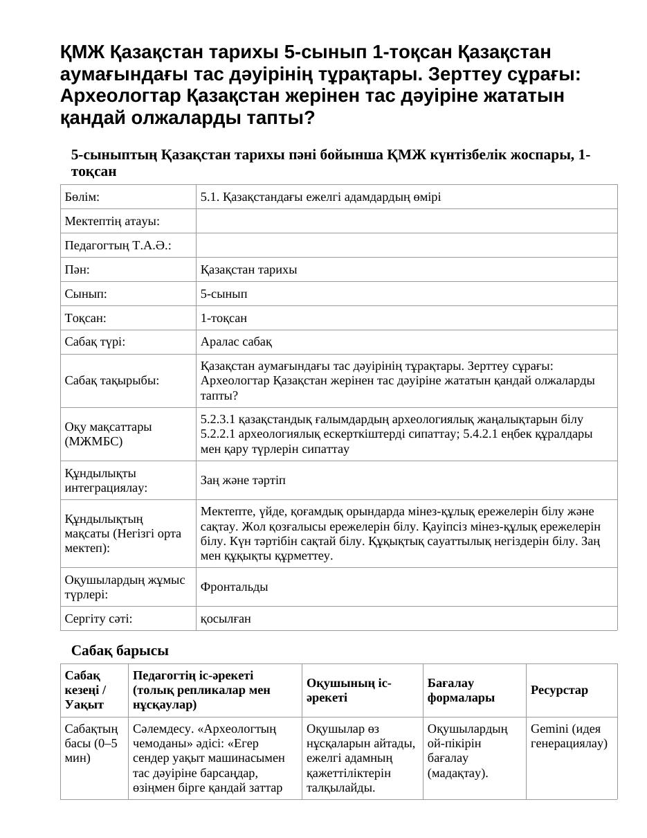 ҚМЖ Қазақстан тарихы 5-сынып 1-тоқсан Қазақстан аумағындағы тас дәуірінің тұрақтары. Зерттеу сұрағы: Археологтар Қазақстан жерінен тас дәуіріне жататын қандай олжаларды тапты?