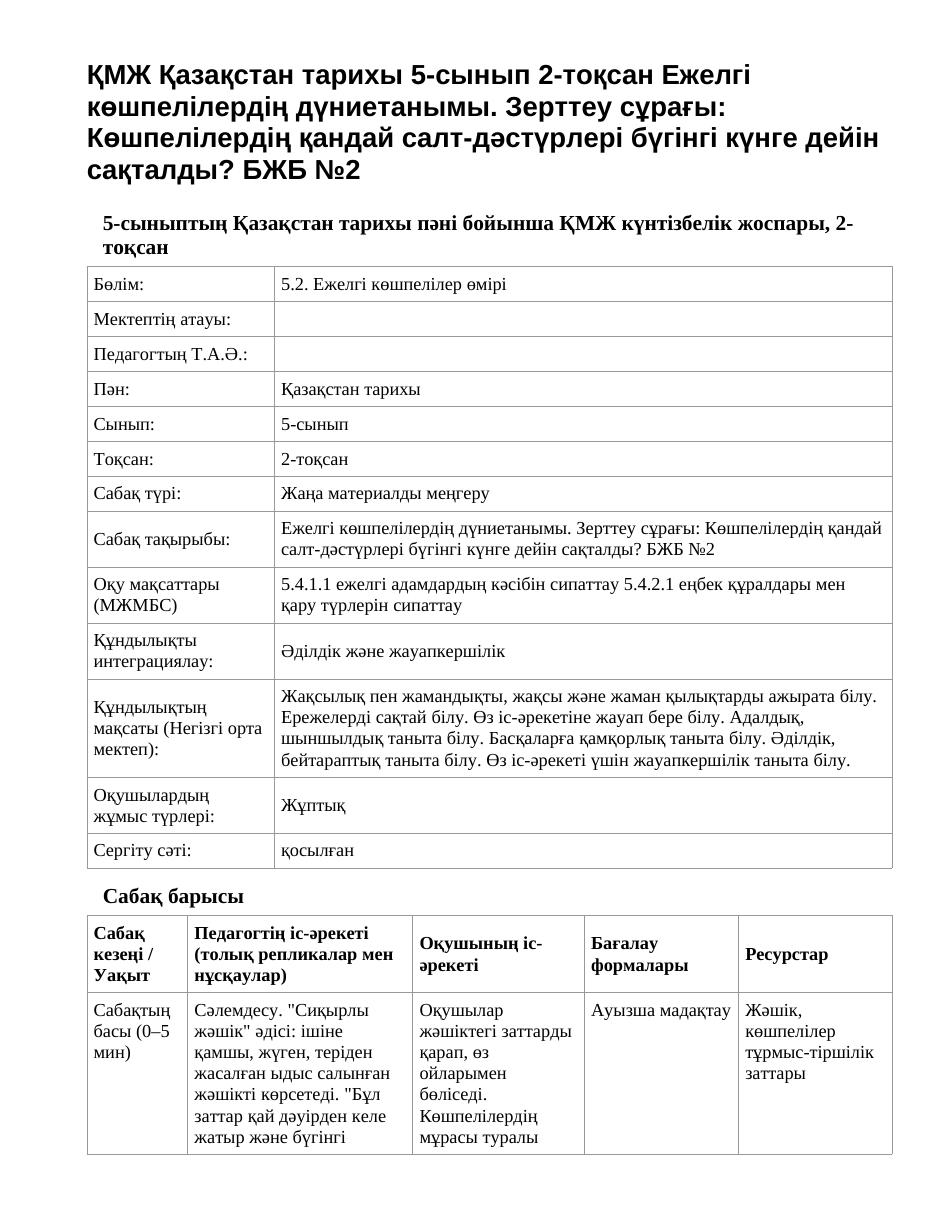 ҚМЖ Қазақстан тарихы 5-сынып 2-тоқсан Ежелгі көшпелілердің дүниетанымы. Зерттеу сұрағы: Көшпелілердің қандай салт-дәстүрлері бүгінгі күнге дейін сақталды? БЖБ №2