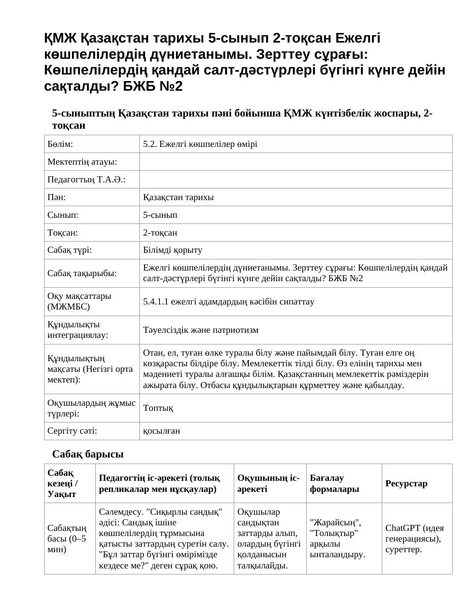 ҚМЖ Қазақстан тарихы 5-сынып 2-тоқсан Ежелгі көшпелілердің дүниетанымы. Зерттеу сұрағы: Көшпелілердің қандай салт-дәстүрлері бүгінгі күнге дейін сақталды? БЖБ №2