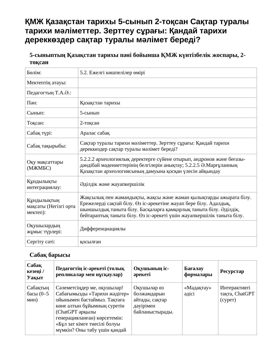 ҚМЖ Қазақстан тарихы 5-сынып 2-тоқсан Сақтар туралы тарихи мәліметтер. Зерттеу сұрағы: Қандай тарихи дереккөздер сақтар туралы мәлімет береді?