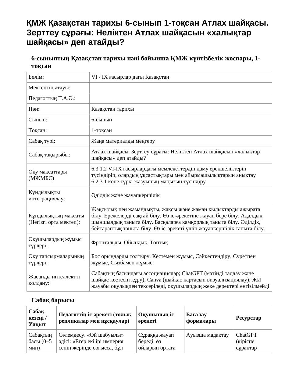 ҚМЖ Қазақстан тарихы 6-сынып 1-тоқсан Атлах шайқасы. Зерттеу сұрағы: Неліктен Атлах шайқасын «халықтар шайқасы» деп атайды?