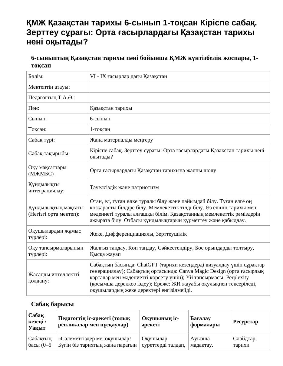 ҚМЖ Қазақстан тарихы 6-сынып 1-тоқсан Кіріспе сабақ. Зерттеу сұрағы: Орта ғасырлардағы Қазақстан тарихы нені оқытады?