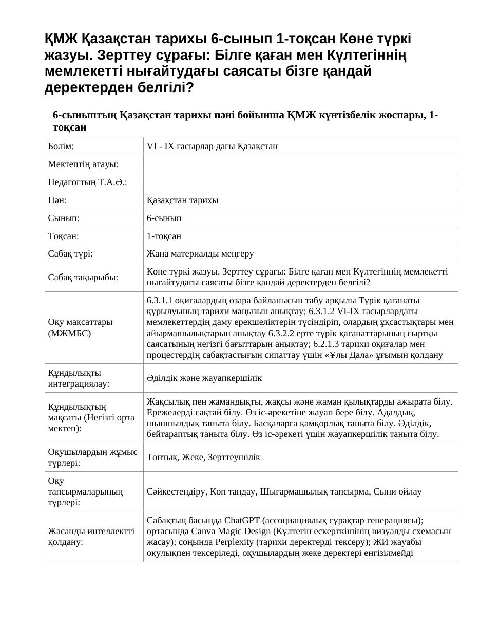 ҚМЖ Қазақстан тарихы 6-сынып 1-тоқсан Көне түркі жазуы. Зерттеу сұрағы: Білге қаған мен Күлтегіннің мемлекетті нығайтудағы саясаты бізге қандай деректерден белгілі?