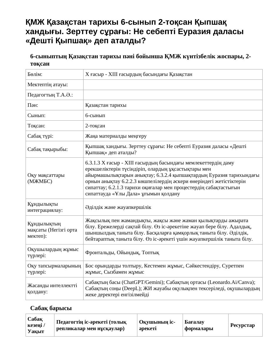 ҚМЖ Қазақстан тарихы 6-сынып 2-тоқсан Қыпшақ хандығы. Зерттеу сұрағы: Не себепті Еуразия даласы «Дешті Қыпшақ» деп аталды?