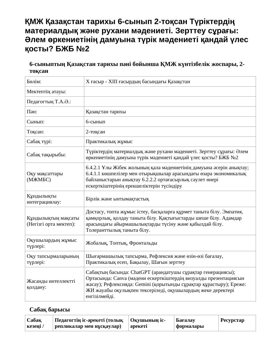 ҚМЖ Қазақстан тарихы 6-сынып 2-тоқсан Түріктердің материалдық және рухани мәдениеті. Зерттеу сұрағы: Әлем өркениетінің дамуына түрік мәдениеті қандай үлес қосты? БЖБ №2