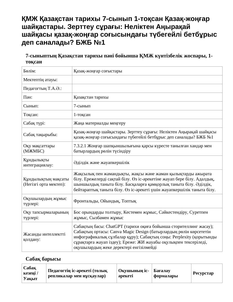ҚМЖ Қазақстан тарихы 7-сынып 1-тоқсан Қазақ-жоңғар шайқастары. Зерттеу сұрағы: Неліктен Аңырақай шайқасы қазақ-жоңғар соғысындағы түбегейлі бетбұрыс деп саналады? БЖБ №1