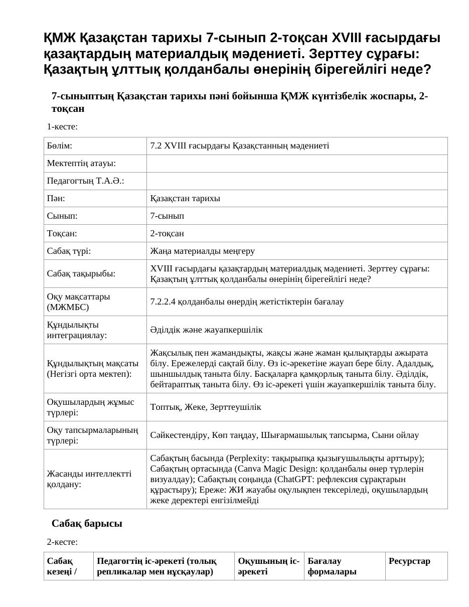 ҚМЖ Қазақстан тарихы 7-сынып 2-тоқсан XVIII ғасырдағы қазақтардың материалдық мәдениеті. Зерттеу сұрағы: Қазақтың ұлттық қолданбалы өнерінің бірегейлігі неде?