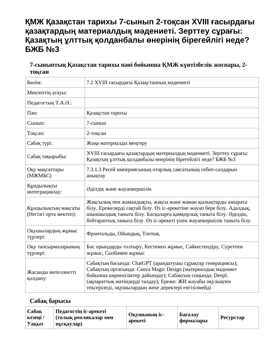 ҚМЖ Қазақстан тарихы 7-сынып 2-тоқсан XVIII ғасырдағы қазақтардың материалдық мәдениеті. Зерттеу сұрағы: Қазақтың ұлттық қолданбалы өнерінің бірегейлігі неде? БЖБ №3