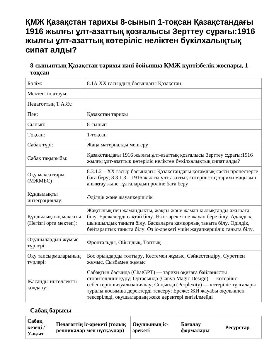 ҚМЖ Қазақстан тарихы 8-сынып 1-тоқсан Қазақстандағы 1916 жылғы ұлт-азаттық қозғалысы Зерттеу сұрағы:1916 жылғы ұлт-азаттық көтеріліс неліктен бүкілхалықтық сипат алды?