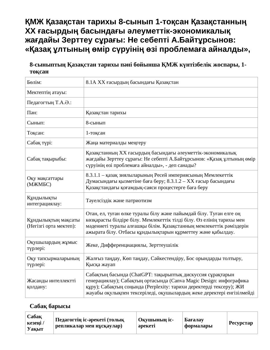 ҚМЖ Қазақстан тарихы 8-сынып 1-тоқсан Қазақстанның ХХ ғасырдың басындағы әлеуметтік-экономикалық жағдайы Зерттеу сұрағы: Не себепті А.Байтұрсынов: «Қазақ ұлтының өмір сүруінің өзі проблемаға айналды»,