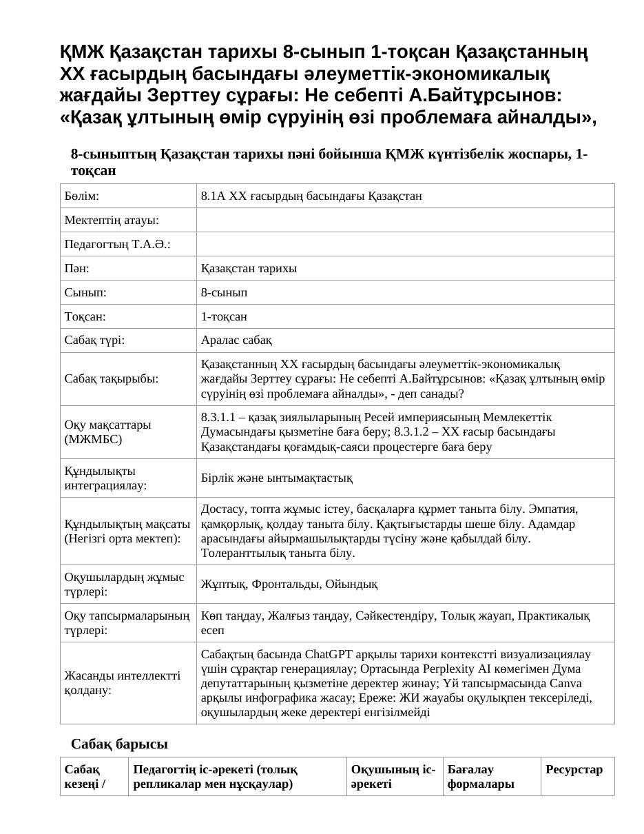 ҚМЖ Қазақстан тарихы 8-сынып 1-тоқсан Қазақстанның ХХ ғасырдың басындағы әлеуметтік-экономикалық жағдайы Зерттеу сұрағы: Не себепті А.Байтұрсынов: «Қазақ ұлтының өмір сүруінің өзі проблемаға айналды»,