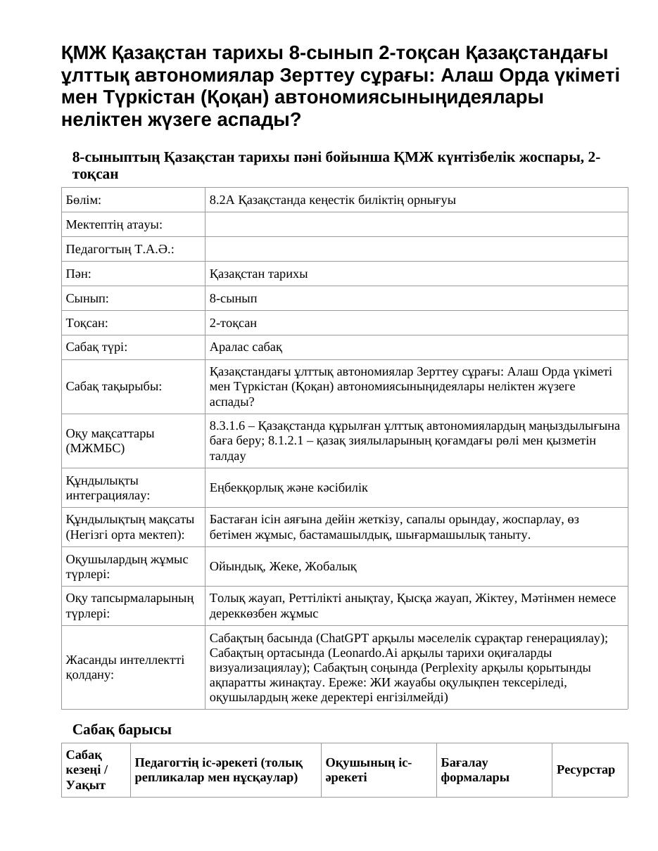 ҚМЖ Қазақстан тарихы 8-сынып 2-тоқсан Қазақстандағы ұлттық автономиялар Зерттеу сұрағы: Алаш Орда үкіметі мен Түркістан (Қоқан) автономиясыныңидеялары неліктен жүзеге аспады?