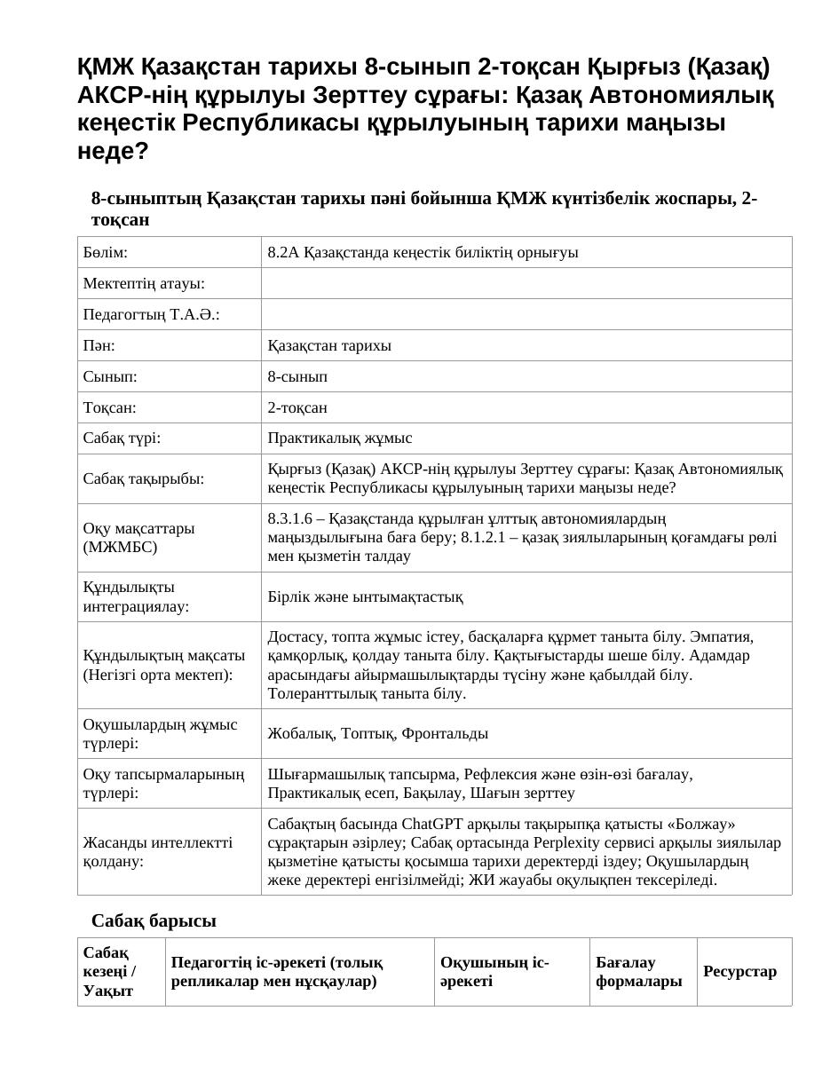 ҚМЖ Қазақстан тарихы 8-сынып 2-тоқсан Қырғыз (Қазақ) АКСР-нің құрылуы Зерттеу сұрағы: Қазақ Автономиялық кеңестік Республикасы құрылуының тарихи маңызы неде?