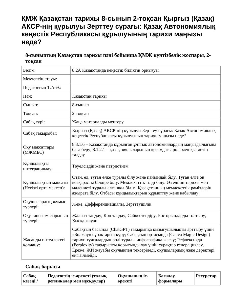 ҚМЖ Қазақстан тарихы 8-сынып 2-тоқсан Қырғыз (Қазақ) АКСР-нің құрылуы Зерттеу сұрағы: Қазақ Автономиялық кеңестік Республикасы құрылуының тарихи маңызы неде?