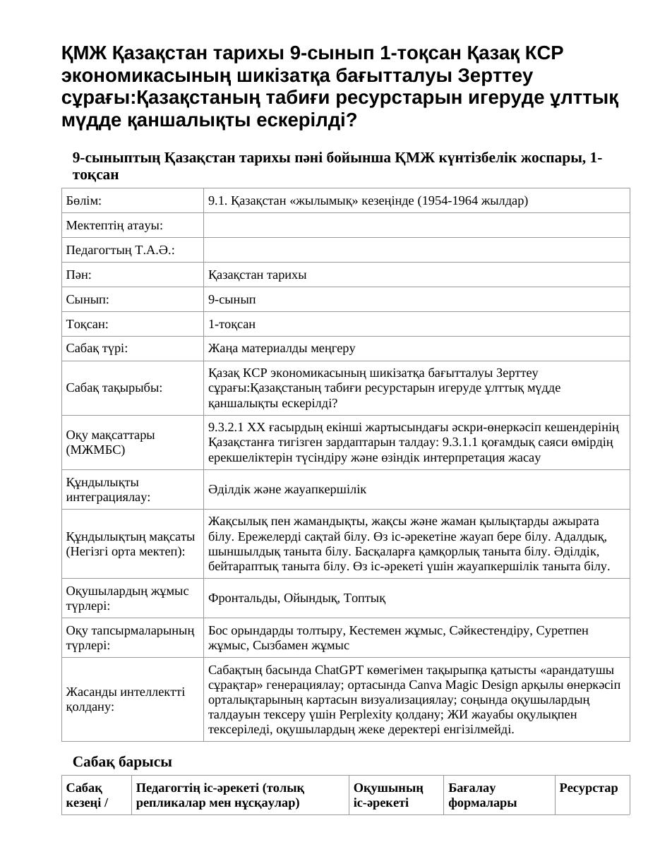 ҚМЖ Қазақстан тарихы 9-сынып 1-тоқсан Қазақ КСР экономикасының шикізатқа бағытталуы Зерттеу сұрағы:Қазақстаның табиғи ресурстарын игеруде ұлттық мүдде қаншалықты ескерілді?