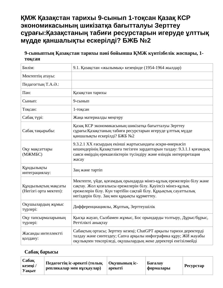 ҚМЖ Қазақстан тарихы 9-сынып 1-тоқсан Қазақ КСР экономикасының шикізатқа бағытталуы Зерттеу сұрағы:Қазақстаның табиғи ресурстарын игеруде ұлттық мүдде қаншалықты ескерілді? БЖБ №2