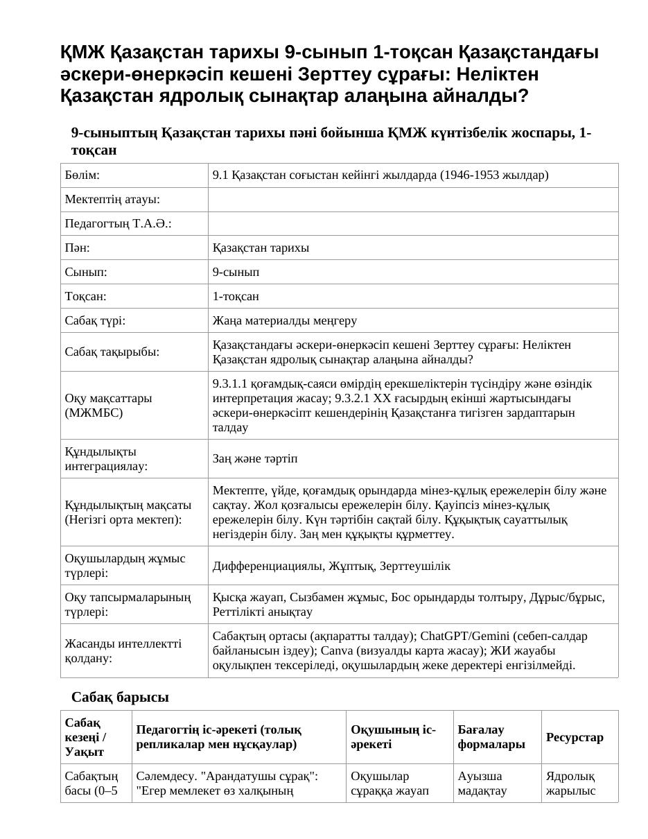 ҚМЖ Қазақстан тарихы 9-сынып 1-тоқсан Қазақстандағы әскери-өнеркәсіп кешені Зерттеу сұрағы: Неліктен Қазақстан ядролық сынақтар алаңына айналды?