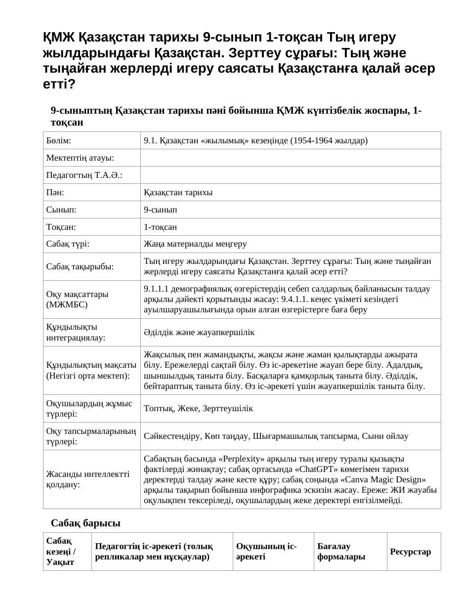 ҚМЖ Қазақстан тарихы 9-сынып 1-тоқсан Тың игеру жылдарындағы Қазақстан. Зерттеу сұрағы: Тың және тыңайған жерлерді игеру саясаты Қазақстанға қалай әсер етті?