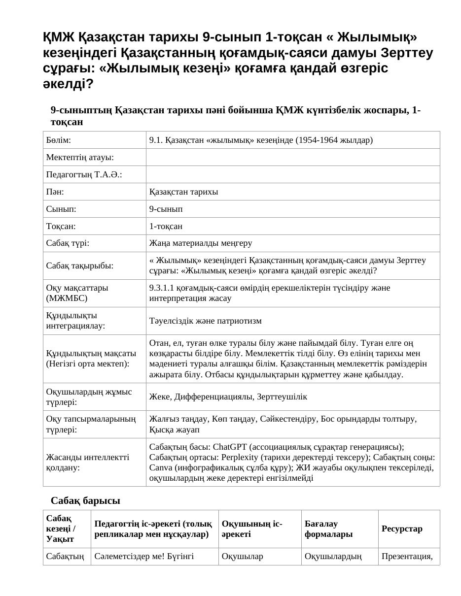 ҚМЖ Қазақстан тарихы 9-сынып 1-тоқсан « Жылымық» кезеңіндегі Қазақстанның қоғамдық-саяси дамуы Зерттеу сұрағы: «Жылымық кезеңі» қоғамға қандай өзгеріс әкелді?