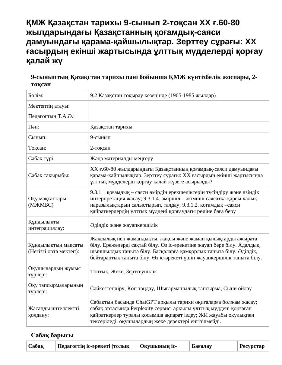 ҚМЖ Қазақстан тарихы 9-сынып 2-тоқсан ХХ ғ.60-80 жылдарындағы Қазақстанның қоғамдық-саяси дамуындағы қарама-қайшылықтар. Зерттеу сұрағы: ХХ ғасырдың екінші жартысында ұлттық мүдделерді қорғау қалай жү