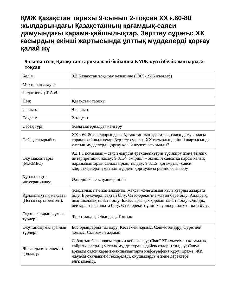 ҚМЖ Қазақстан тарихы 9-сынып 2-тоқсан ХХ ғ.60-80 жылдарындағы Қазақстанның қоғамдық-саяси дамуындағы қарама-қайшылықтар. Зерттеу сұрағы: ХХ ғасырдың екінші жартысында ұлттық мүдделерді қорғау қалай жү