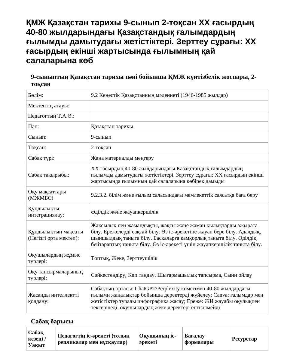ҚМЖ Қазақстан тарихы 9-сынып 2-тоқсан ХХ ғасырдың 40-80 жылдарындағы Қазақстандық ғалымдардың ғылымды дамытудағы жетістіктері. Зерттеу сұрағы: ХХ ғасырдың екінші жартысында ғылымның қай салаларына көб