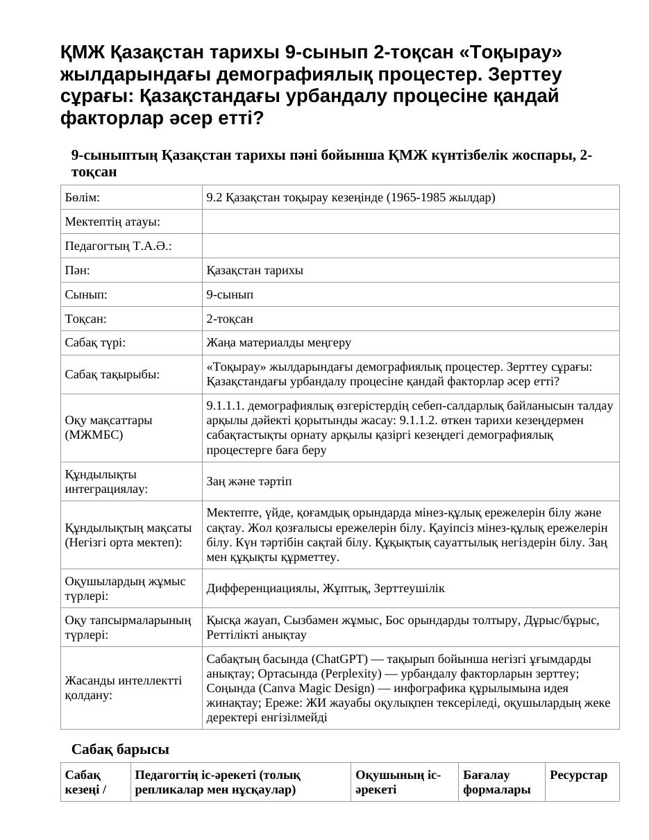 ҚМЖ Қазақстан тарихы 9-сынып 2-тоқсан «Тоқырау» жылдарындағы демографиялық процестер. Зерттеу сұрағы: Қазақстандағы урбандалу процесіне қандай факторлар әсер етті?