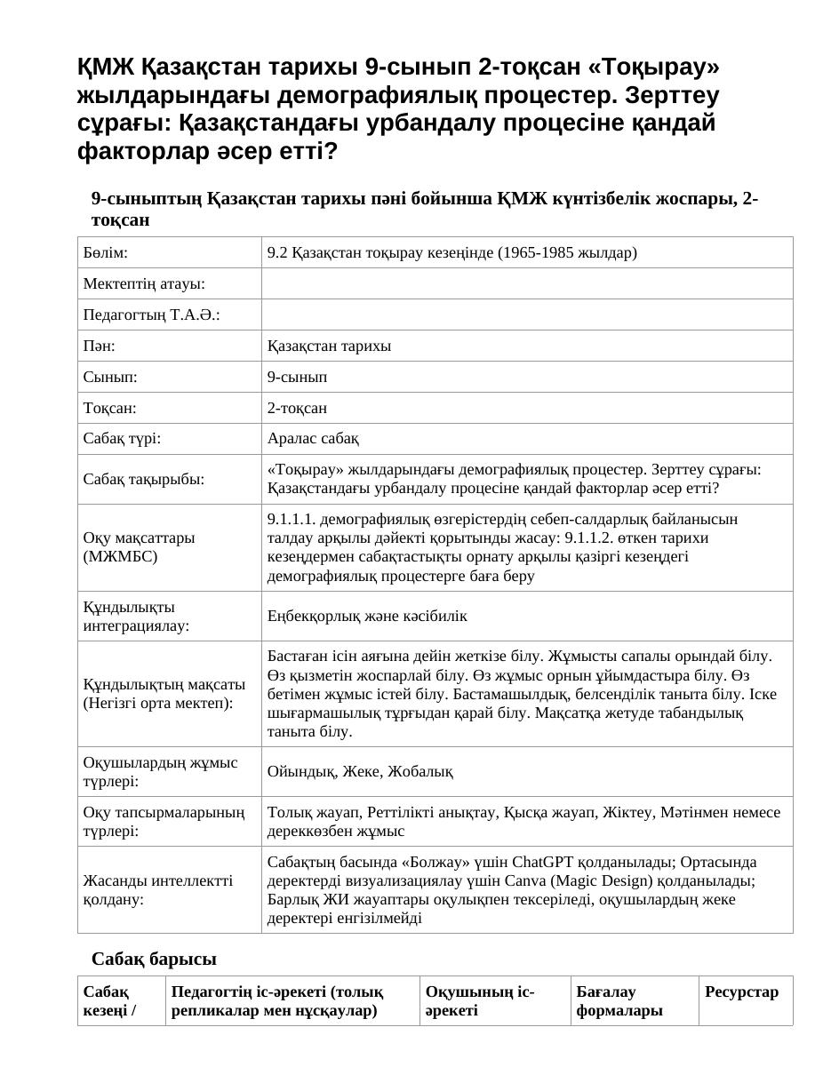 ҚМЖ Қазақстан тарихы 9-сынып 2-тоқсан «Тоқырау» жылдарындағы демографиялық процестер. Зерттеу сұрағы: Қазақстандағы урбандалу процесіне қандай факторлар әсер етті?