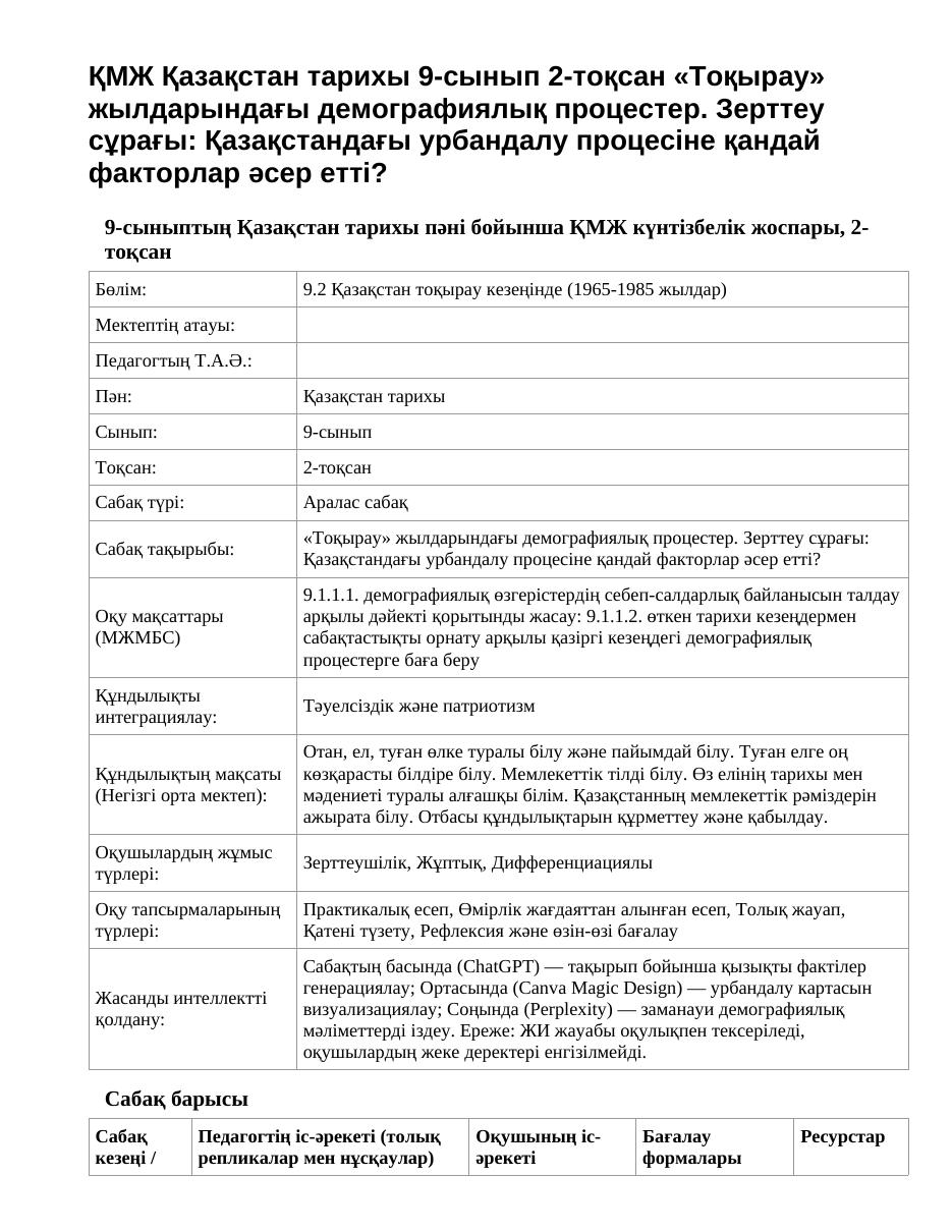 ҚМЖ Қазақстан тарихы 9-сынып 2-тоқсан «Тоқырау» жылдарындағы демографиялық процестер. Зерттеу сұрағы: Қазақстандағы урбандалу процесіне қандай факторлар әсер етті?