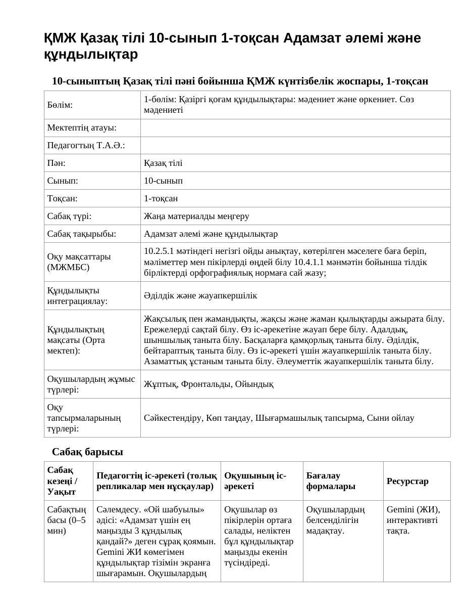 ҚМЖ Қазақ тілі 10-сынып 1-тоқсан Адамзат әлемі және құндылықтар