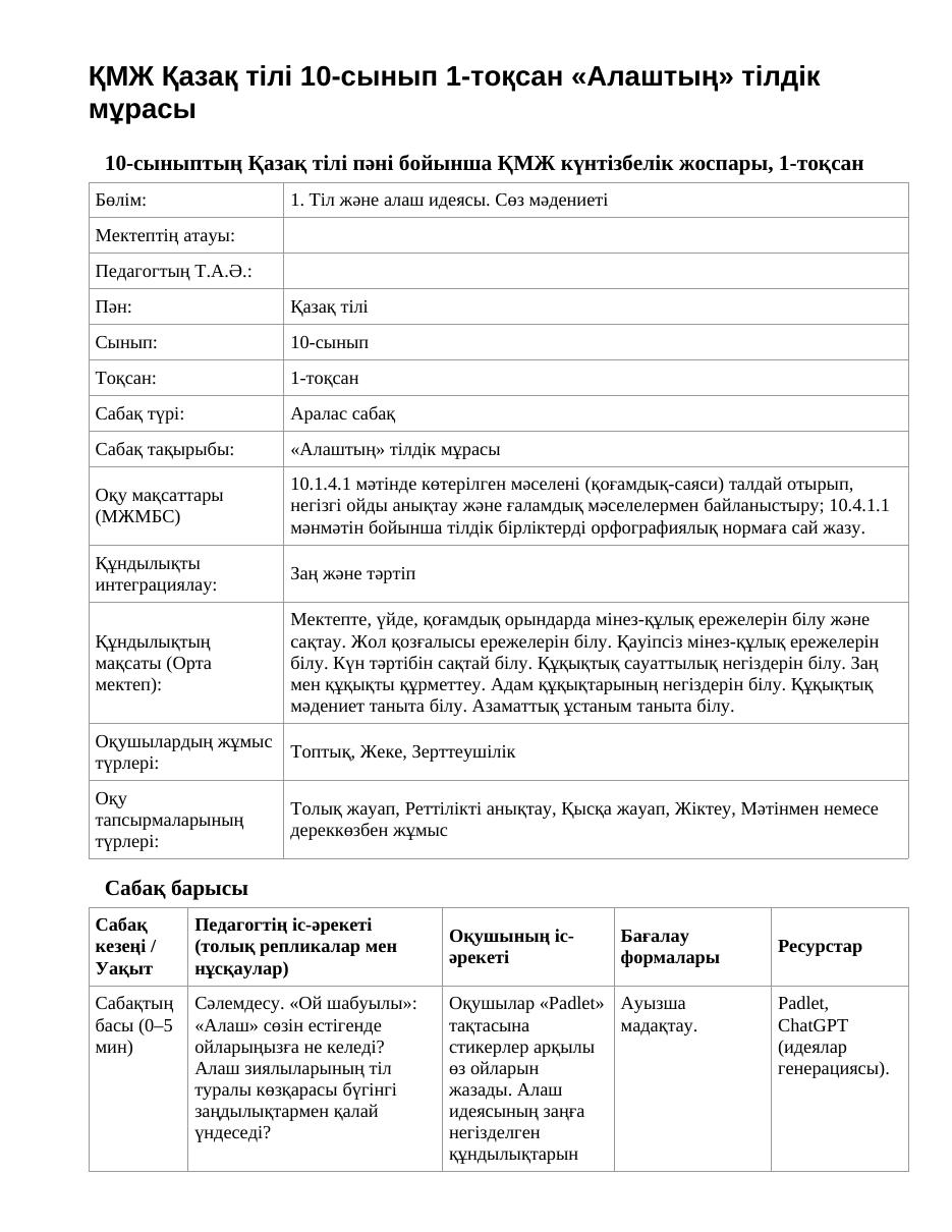 ҚМЖ Қазақ тілі 10-сынып 1-тоқсан «Алаштың» тілдік мұрасы