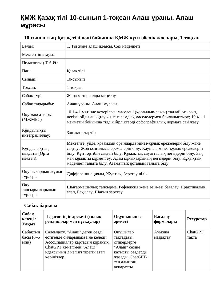 ҚМЖ Қазақ тілі 10-сынып 1-тоқсан Алаш ұраны. Алаш мұрасы