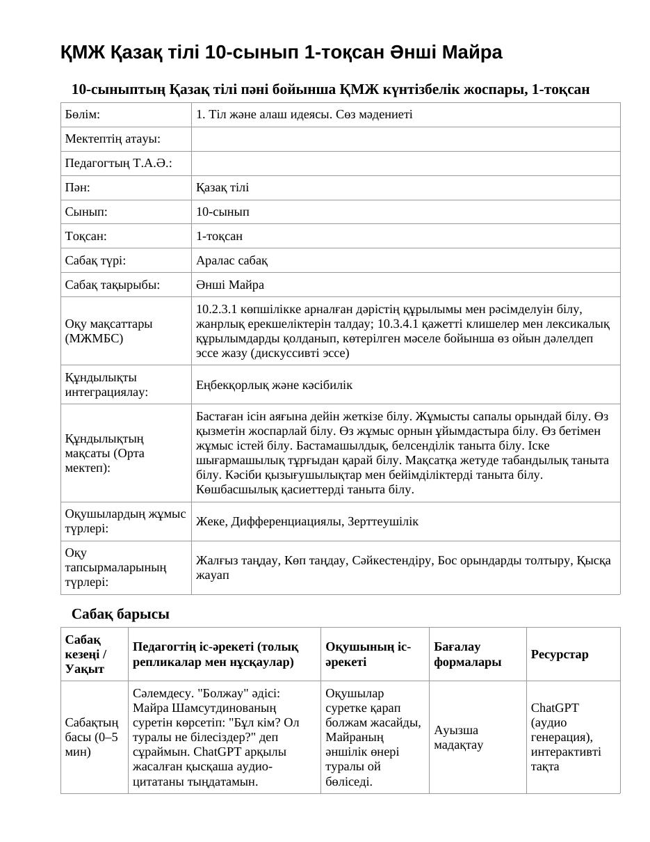 ҚМЖ Қазақ тілі 10-сынып 1-тоқсан Әнші Майра