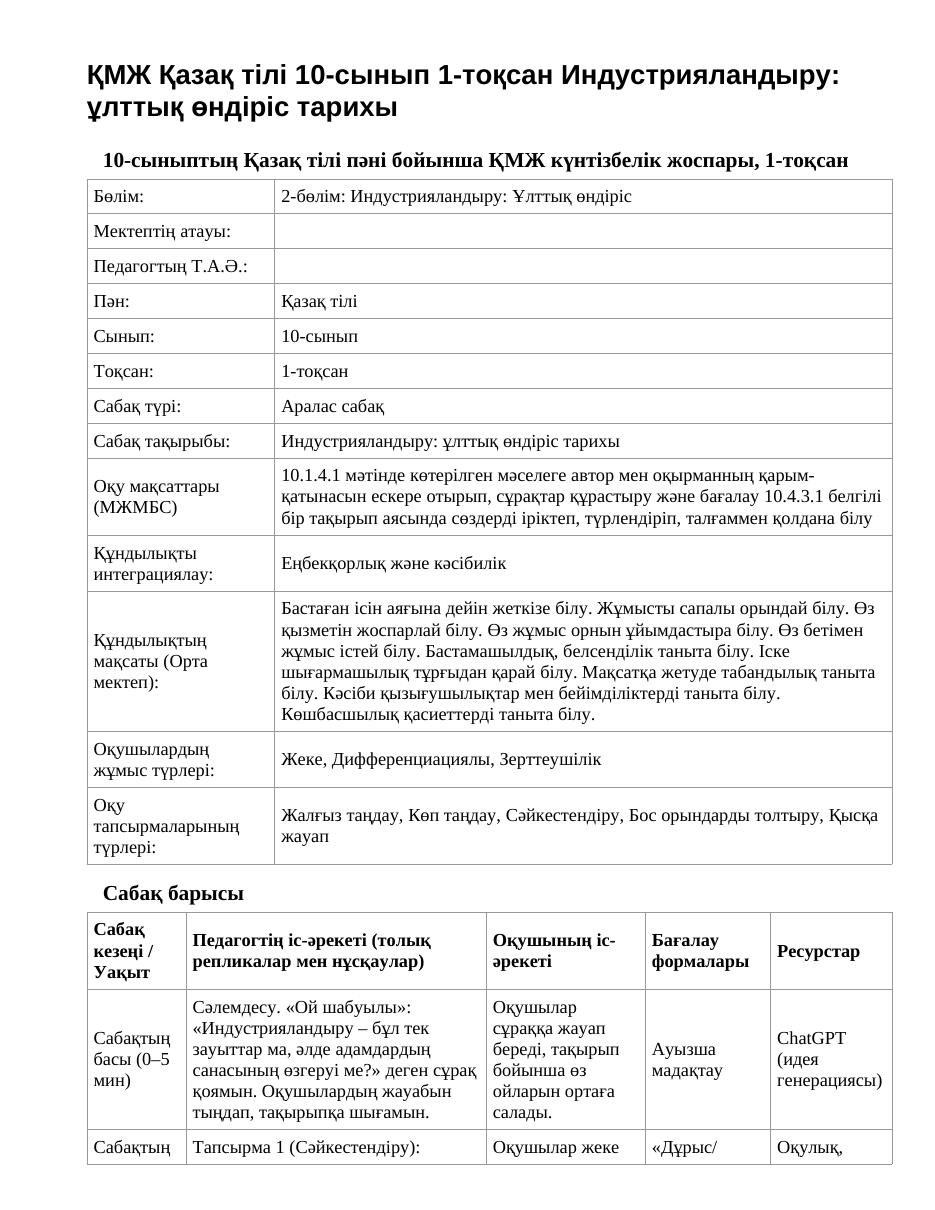 ҚМЖ Қазақ тілі 10-сынып 1-тоқсан Индустрияландыру: ұлттық өндіріс тарихы