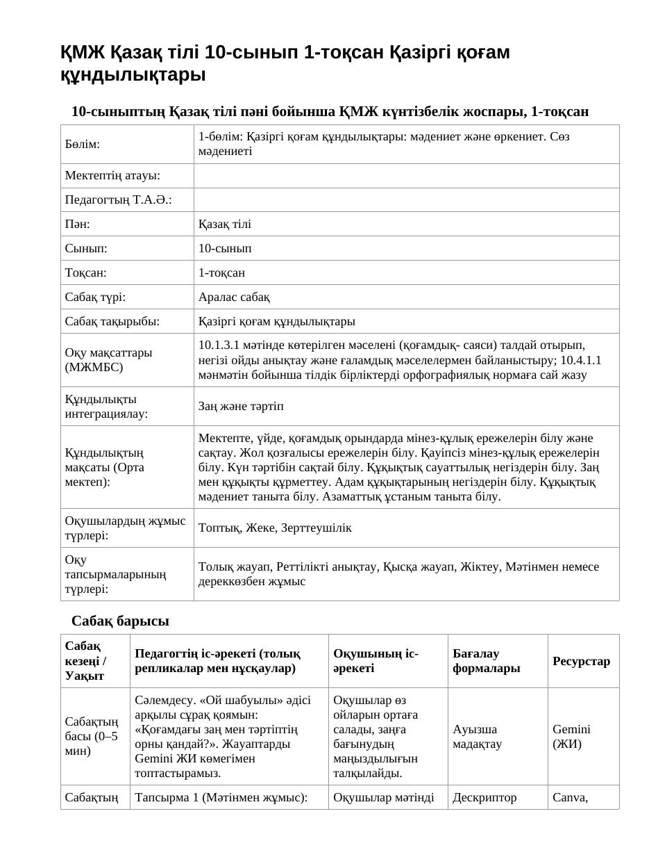 ҚМЖ Қазақ тілі 10-сынып 1-тоқсан Қазіргі қоғам құндылықтары