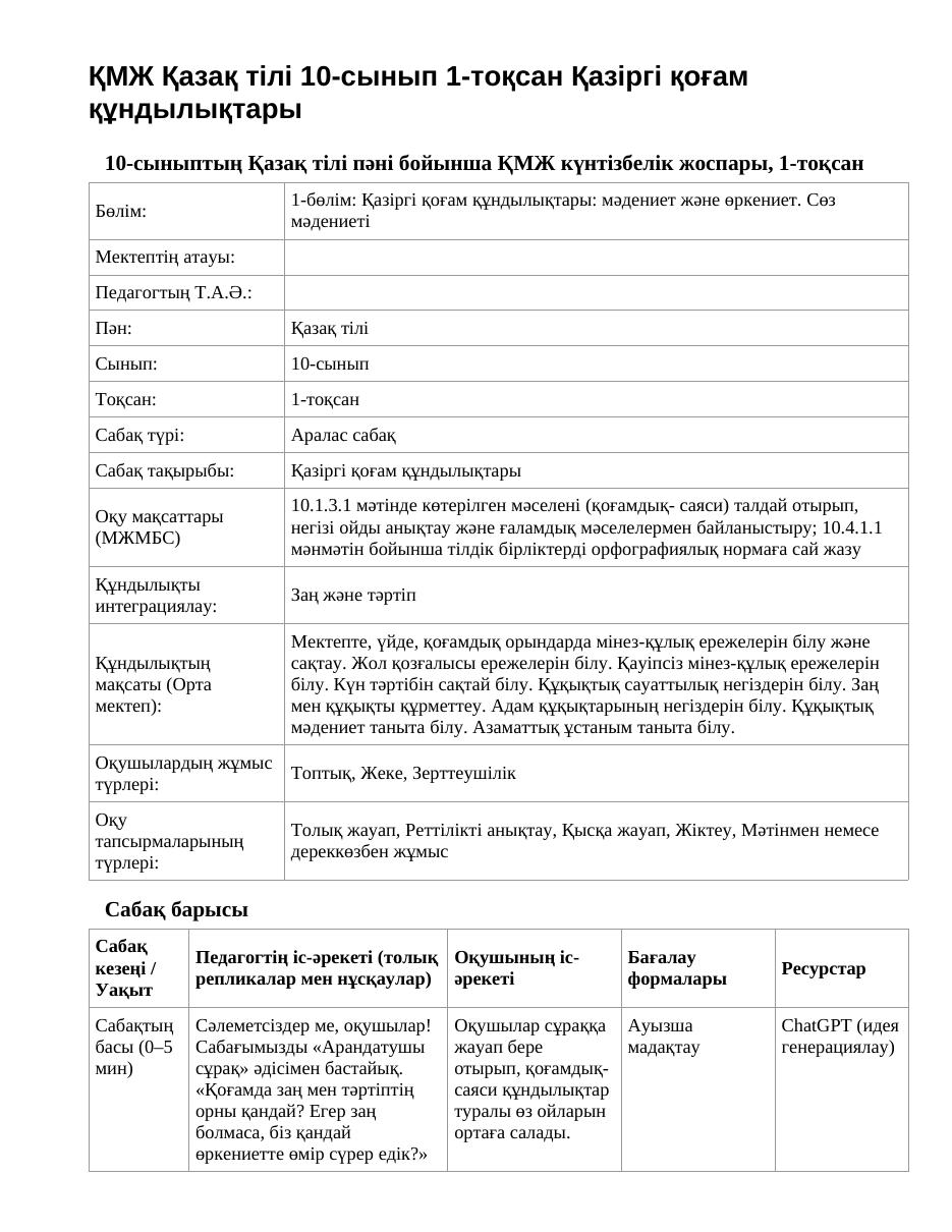 ҚМЖ Қазақ тілі 10-сынып 1-тоқсан Қазіргі қоғам құндылықтары