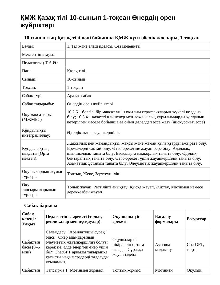 ҚМЖ Қазақ тілі 10-сынып 1-тоқсан Өнердің өрен жүйріктері